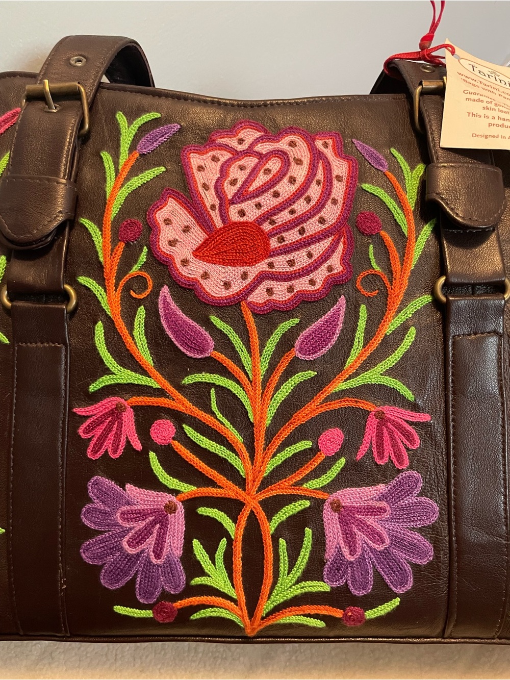 Tarini Hand Embroidered Floral Leather Tote Bag in Black - Picture 8 of 16